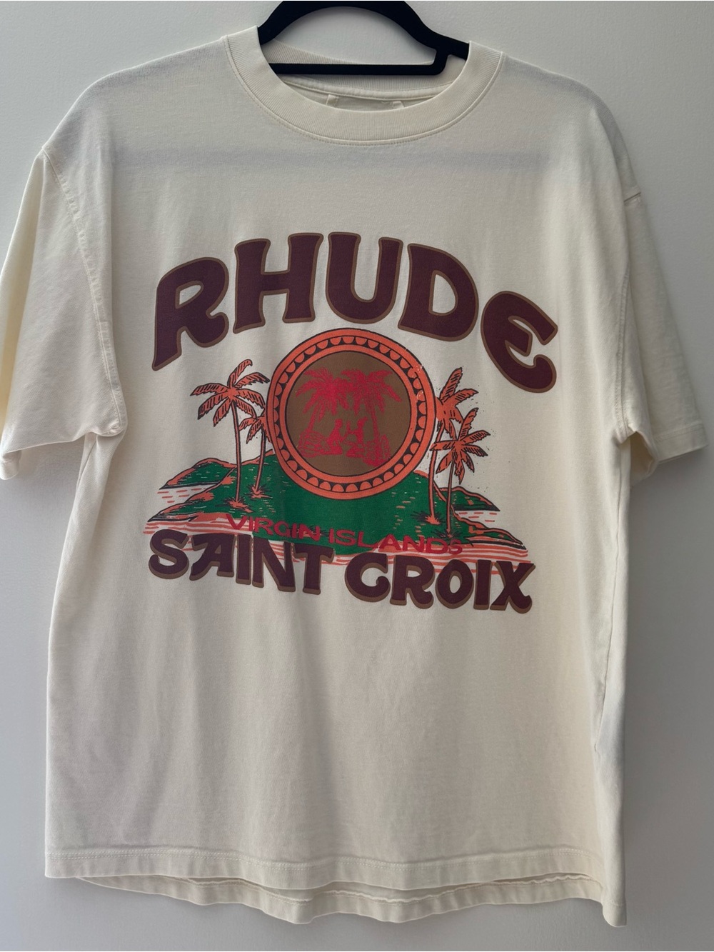 Rhude Cream Short-Sleeve Tee with Brown & Green Tropical Print